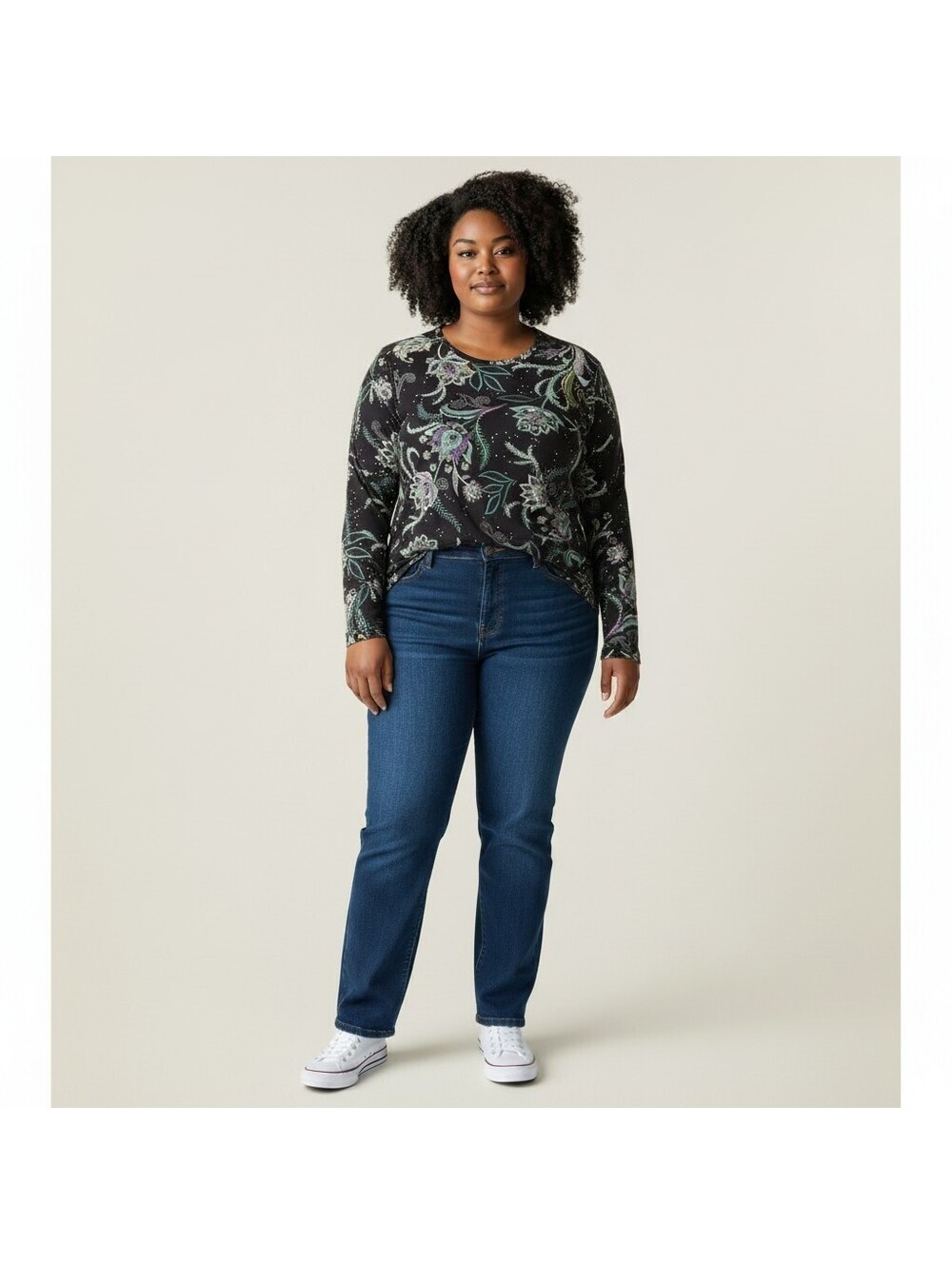 Croft & Barrow T-Shirt Women XL Black Floral Long Sleeve Cotton Pullover Casual